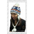 New Winter Jacquard Lady Earflap Knitted Hat with Balls (1-3509)